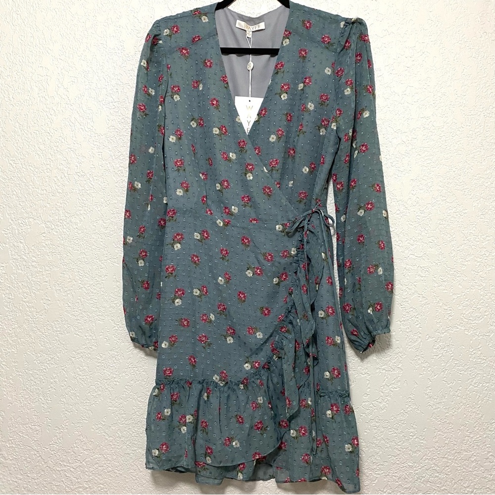 WAYF- dusty blue floral wrap mini dress Size Medium